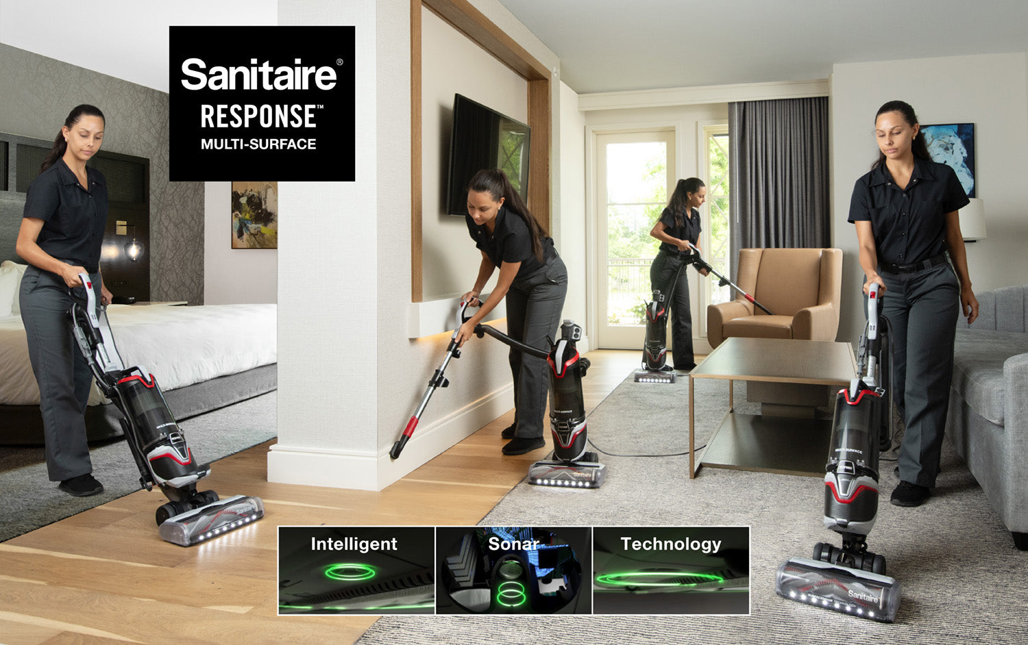 Sanitaire RESPONCE bagless commercial grade vacuum, multi surface cleaning with hard floor, LVT, carpet, upholstery, auto adjusting performance