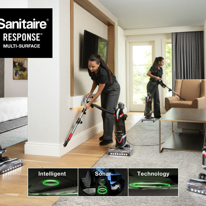 Sanitaire RESPONCE bagless commercial grade vacuum, multi surface cleaning with hard floor, LVT, carpet, upholstery, auto adjusting performance